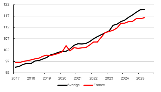 Jämförelse av löneutvecklingen i Sverige och Frankrike 2017-2025
